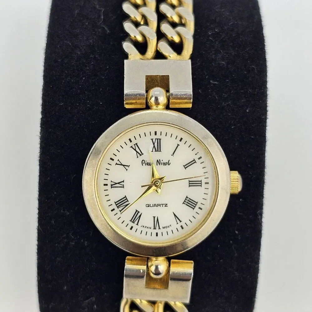 VTG Pierre Nicol Women‎ Watch 22MM Cream Dial Gold Chain Bands 6